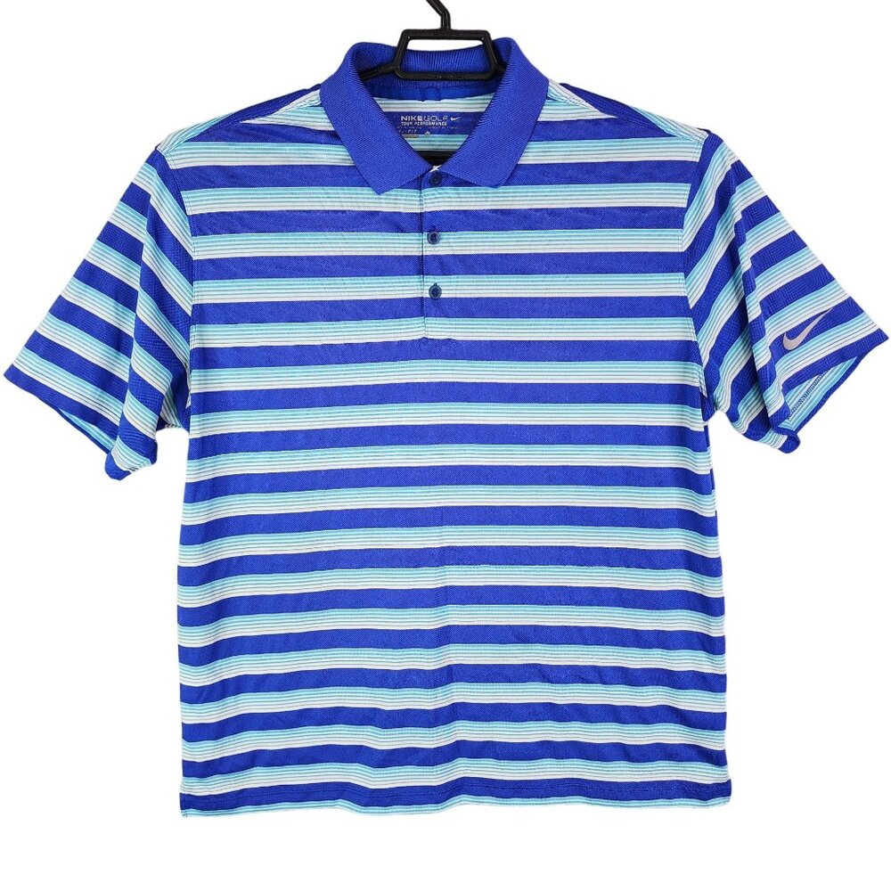 Men's Nike Golf Tour Performance Dri-Fit Polo Shirt Blue Stripes Short Sleeve L